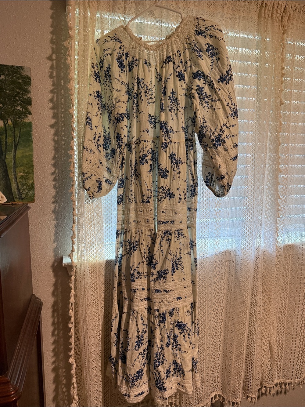 THE GREAT. White Maxi Dress with Blue Floral Print